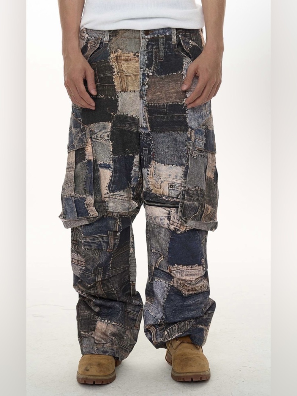Patchwork Denim Cargo baggy Pants in Mixed Blue and Gray